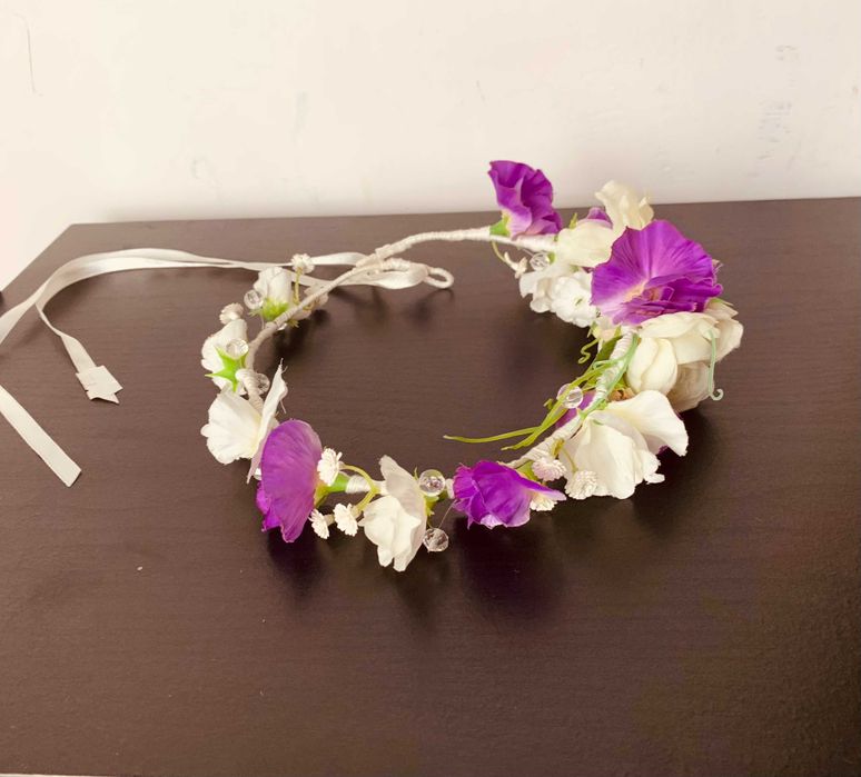 nowy wianek kwiatowy fiolet biel ozdoba włosów boho festiwal ślub hit