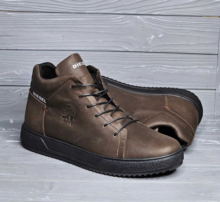 40-48р Мужские кожаные черные коричневые зимние кроссовки ботинки кеды