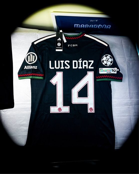 (S) Luis Diaz 14 Bayern Monachium 2025/26 z Ligi Mistrzów Adidas Black Jersey Nowa Czarna Sportowa Wyjazdowa Koszulka Piłkarska Liga Mistrzów UEFA