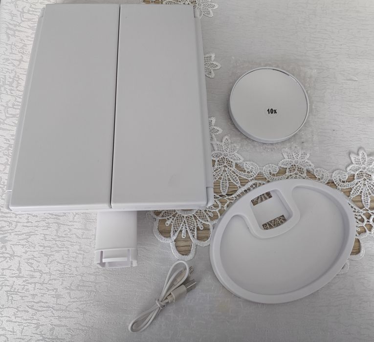 Lustro kosmetyczne LED przenośne, białe + gratis małe lusto pow. 10x