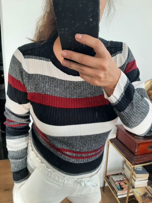 Sweter damski w paski cienki autumn szary grey bawełna cotton na codzi