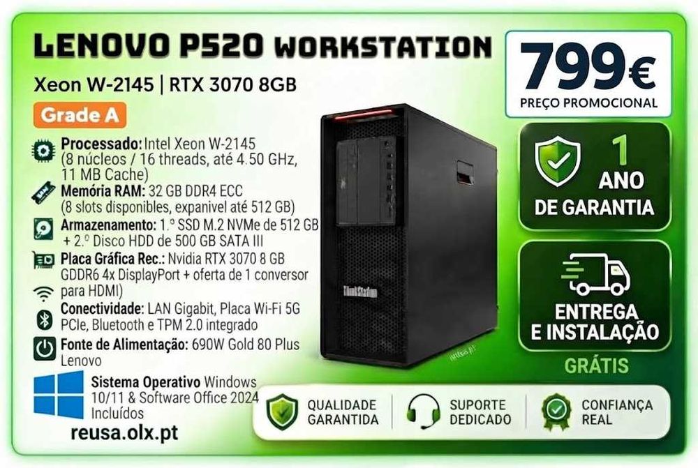 Lenovo Gaming P520 | Xeon W-2145 | 32GB ECC | NVMe 512GB + 500GB | RTX 3070 8GB | KIT | WiFi | W11