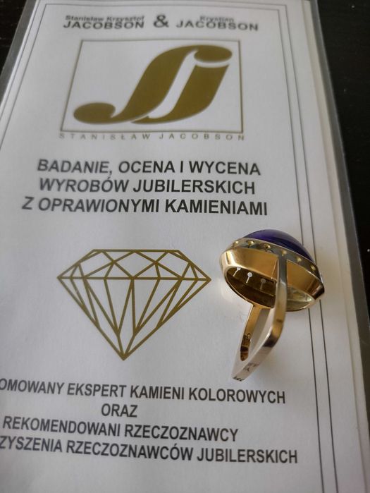Pierścionek złoty 585 z ametystem certyfikat Jacobson
