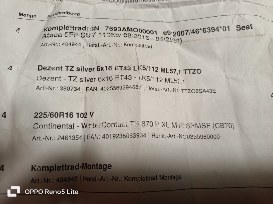 NOWE alufelgi vw seat 6jx16 ET43 5x112 z oponami zimowymi 225\60r16