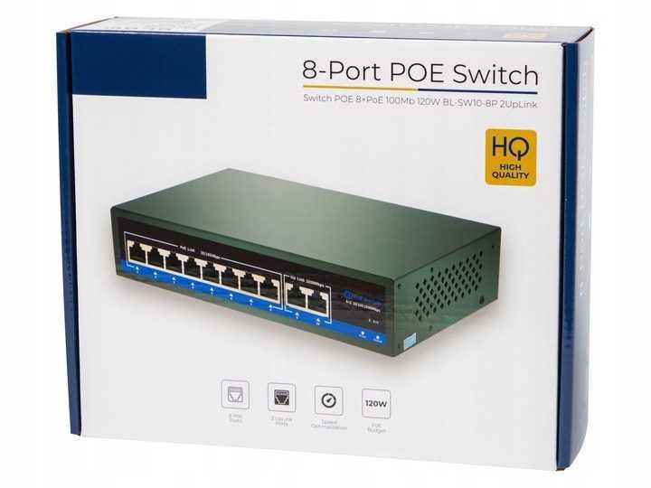 SWITCH pod POE do kamer 8xPOE 2xUpLINK 1GB/s 120W przełącznik sieciowy