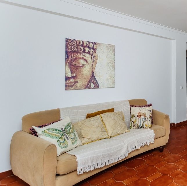 Sofá, manta e almofadas