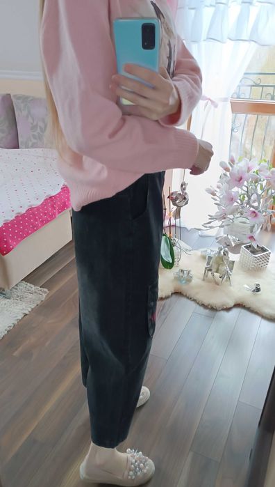 Spodnie jeansowe balony z kieszenią z Myszką Mickey