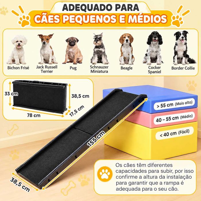PORTES GRÁTIS - Rampa Dobrável para Cães 155 cm Antiderrapante para Carro e Camas Altas