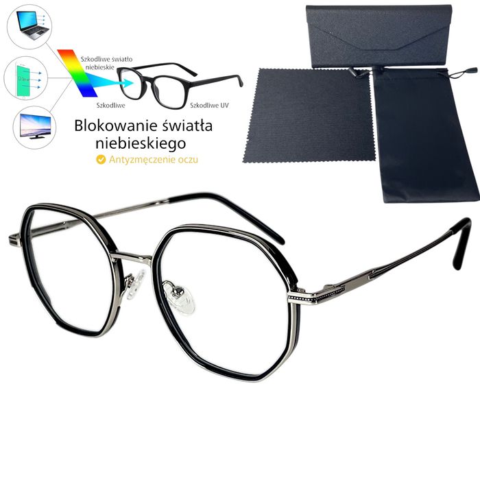 Okulary zerówki oprawki komputerowe Blue Light etui zestaw