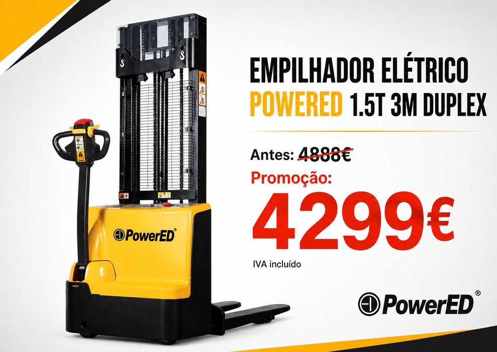 Empilhador / Stacker Elétrico POWERED Capacidade de 1.5 Toneladas / 1500 Kg e Altura de 3 metros / 3000mm e Mastro Duplex LL29