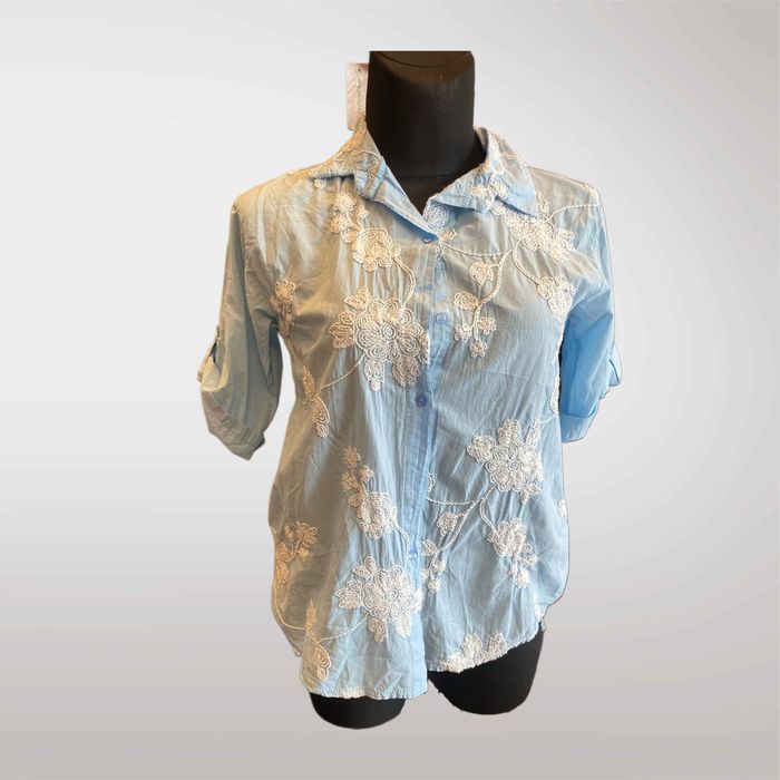 Bluzka Damska Haftowana Kwiaty Niebieski