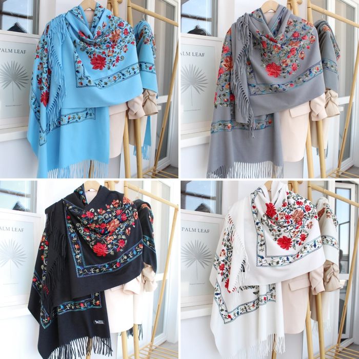 Теплий кашеміровий шарф з шовковою вишивкою, 15 кольорів