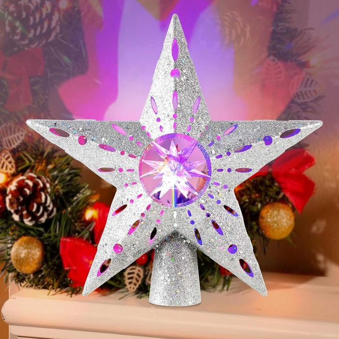 Gwiazda na choinkę, Czubek z projektorem LED 3D, Srebrny Topper 32 cm