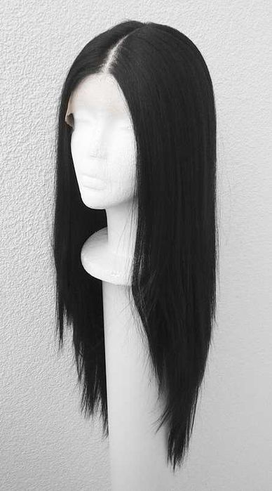 Lace Front czarna długa peruka z przedziałkiem bez grzywki cosplay wig
