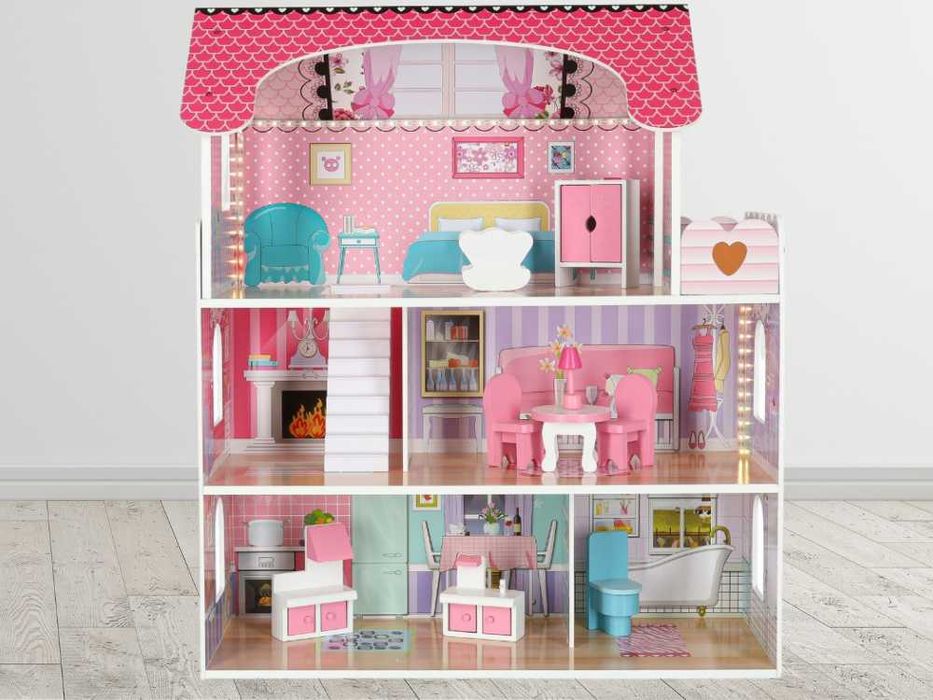 Domek dla Lalek Drewniany Różowa Willa Światełka Led Akcesoria Meble