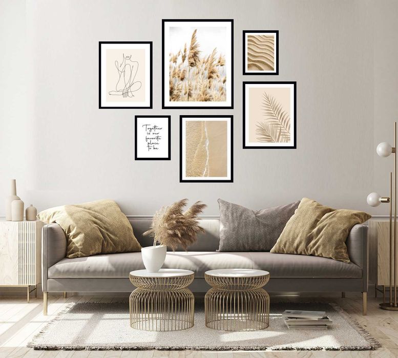 6x ZESTAW OBRAZ W RAMIE PLAKATY RAMKA boho trawa pampas piasek lineart
