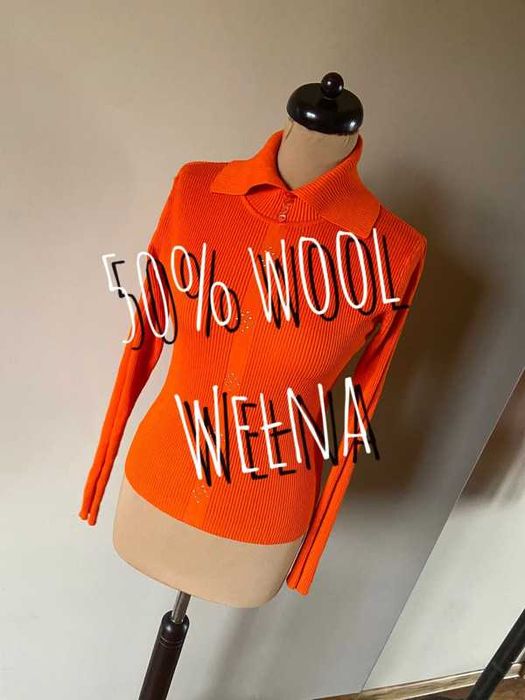 M l neon pomarancz sweter real vintage prazkowany welna wool tekstura