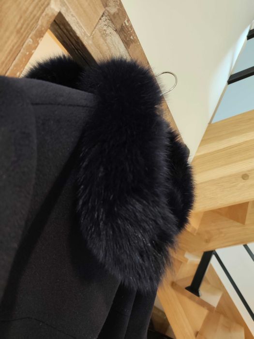 JASS elegancki płaszcz damski granatowy futro lisa wełna angora 48