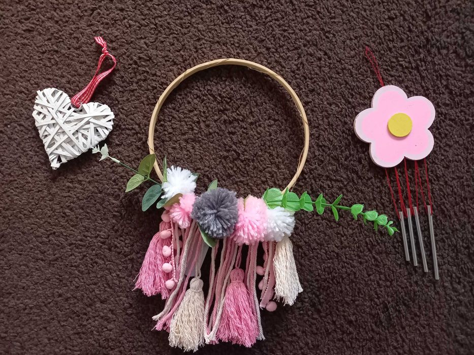 Łapacz snów 3 zawieszki dzwoneczki serduszko rattanowe światło zestaw