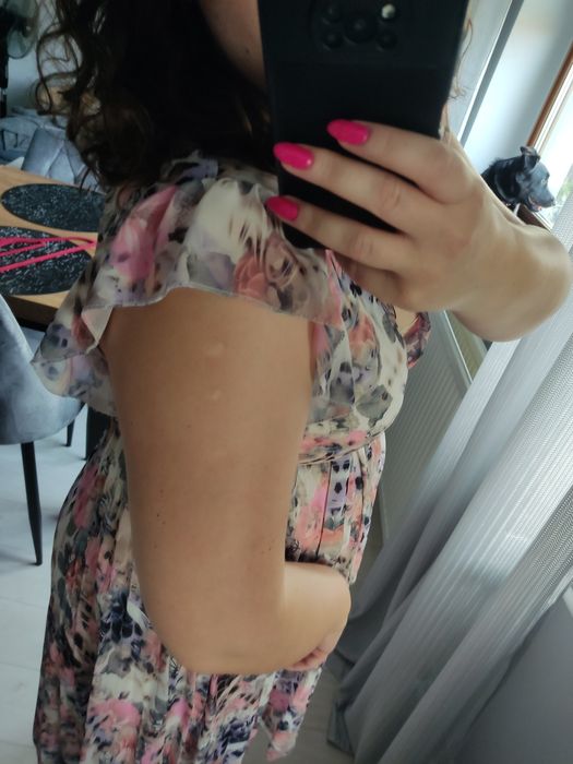 Sukienka midi plisowana kwiaty motylkowy rękawek rozmiar uni M-2XL