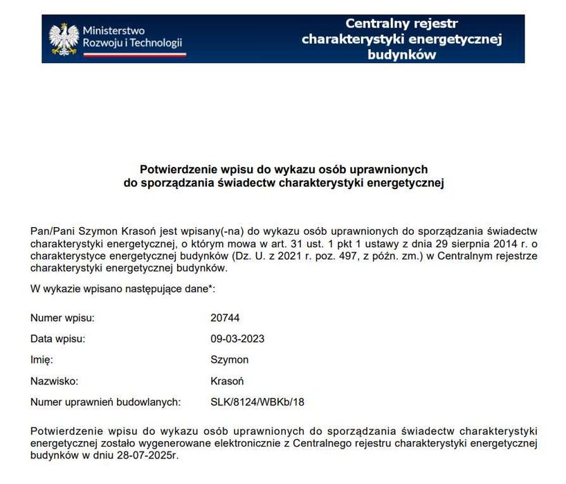 Świadectwo / Certyfikat Charakterystyki Energetycznej w 24h