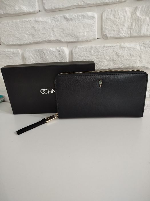 Nowy portfel skórzany Ochnik czarny duży złote elementy prezent