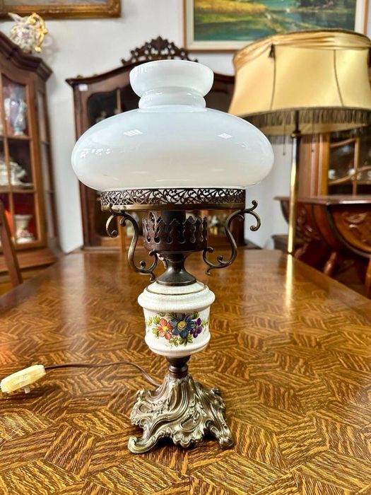 Антикварна натільна лампа бронза порцеляна скло фарфор 7558