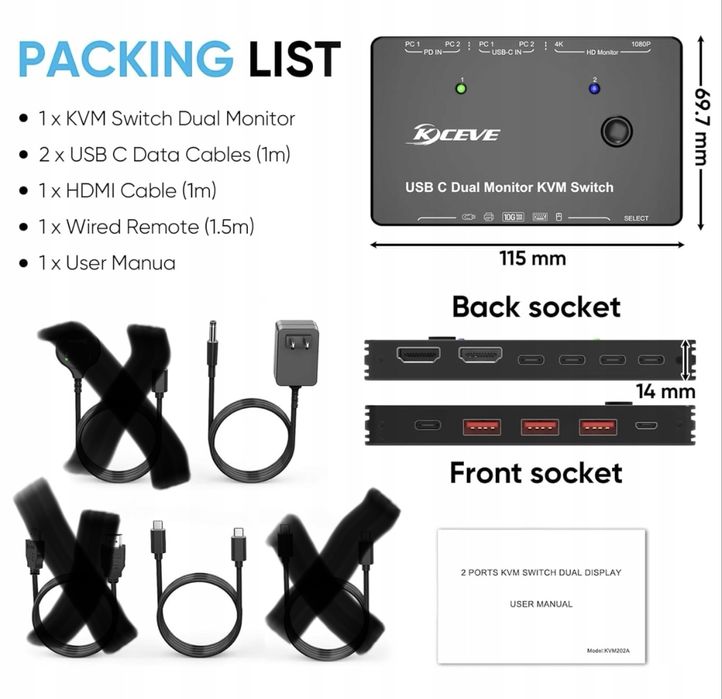 Przełącznik KVM 2 monitory 2 komputery USB C