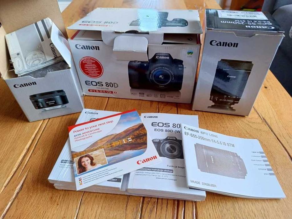 Canon Eos 80d, 17-55, 100 mm, 50 mm, 55-250 plus inne