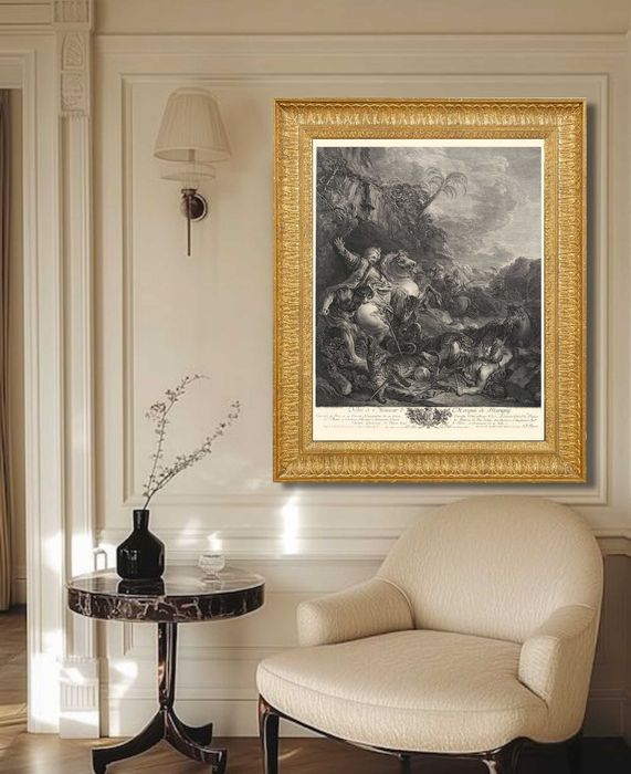 XVIII wieczny miedzioryt z scenką batalistyczną, wymiar 76cm x 93cm