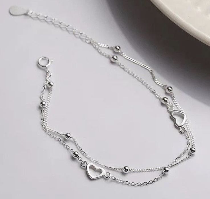 Подвійний срібний браслет з кульками та сердцями 925 проби