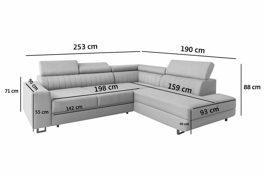Narożnik Cassie z funkcją spania 253cm regulowane zagłówki