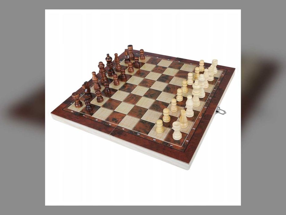 Nowe Szachy Drewniane 3w1 Warcaby Tryktrak Duża Plansza 34x34 Cm