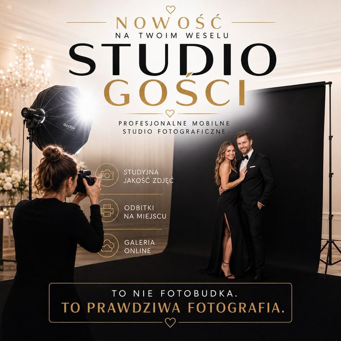 Nowość, luksusowa atrakcja na twoje wesele, alternatywa dla fotobudki, lepsza jakość zdjęć, profesjonalne sesje, mobilne studio fotograficzne