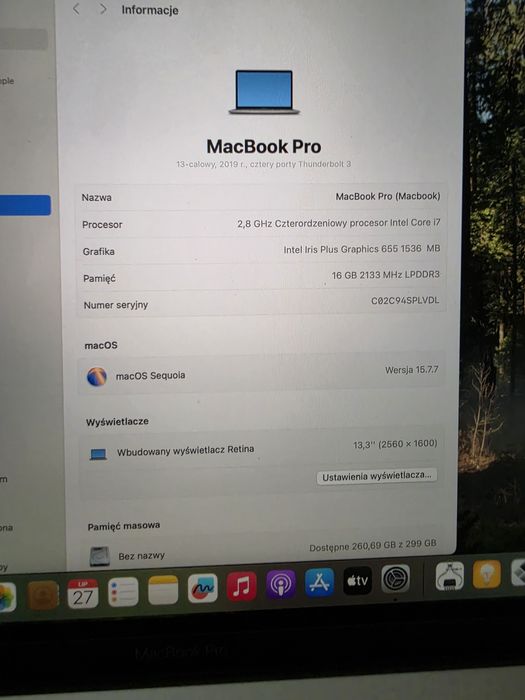 Macbook pro 13". 2019. I7, 16gb ram. Jak nowy. MacOS, windows10