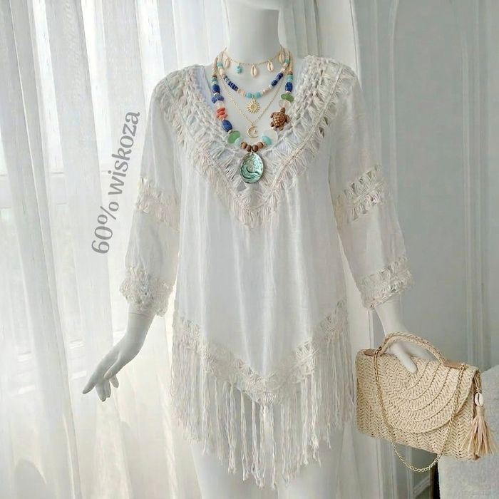 Plażowa tunika ażurowa z frędzlami New Look boho