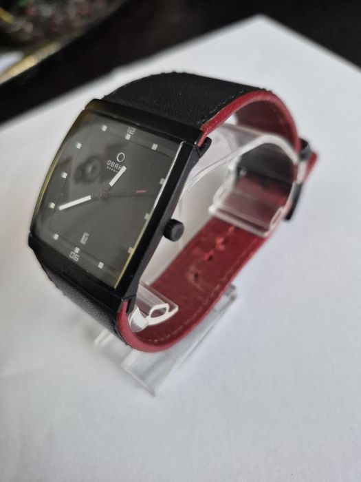 Obaku Denmark V102 GBBRB Tank - czarny prostokąt, oryginalny pasek black/burgundy