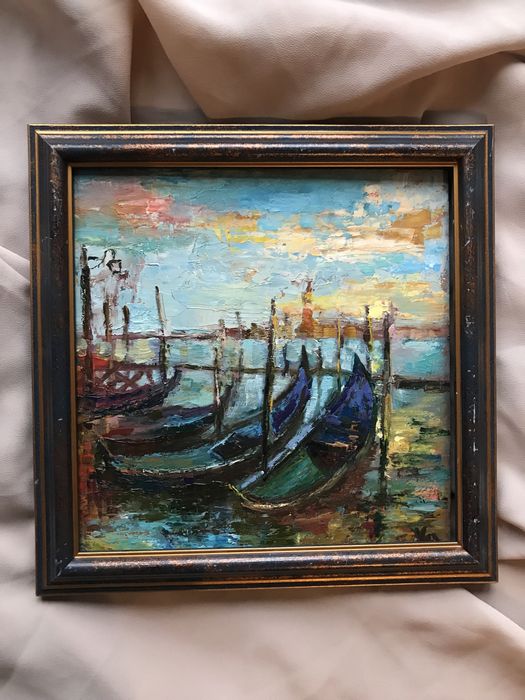 Картина маслом 20x20 см Море Лодки Маки Морской пейзаж