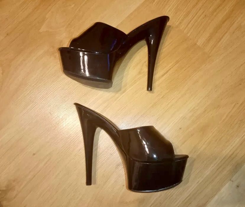 24/ Szklanki gogo czarne 36 klapki szpilki 15cm lakierowane pole dance