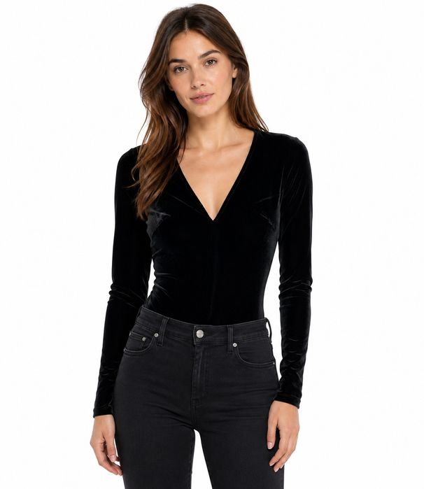 Czarne aksamitne body z dekoltem XS 34