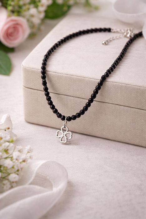 Naszyjnik Turmalin Srebro 925 Koniczynka Szczęścia Prezent Handmade