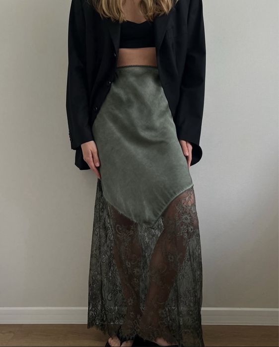 Спідниця мереживна довга зелена/хакі