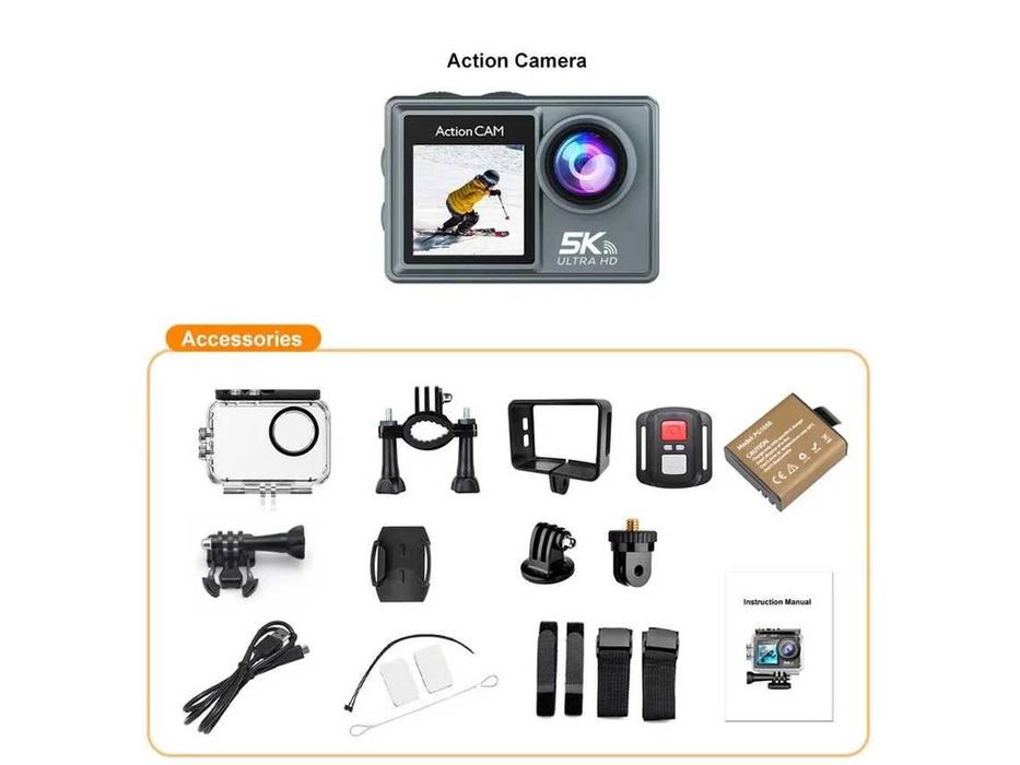 Action camera 5k ultra HD na embalagem