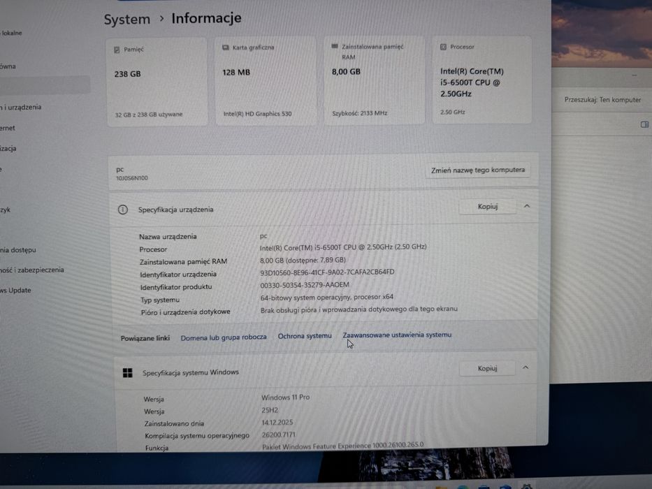 Monitor z komputerem Lenovo ThinkCentre, 8/256GB, i5-6500,  Win 11Pro
