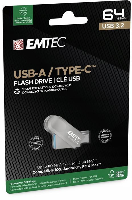 outlet pendrive emtec d280 64gb usb 3.2 dual usb-c usb-a szary