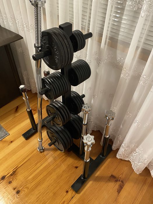 ZESTAW SIŁOWNIA hantle + gryf + 84 kg + stojak