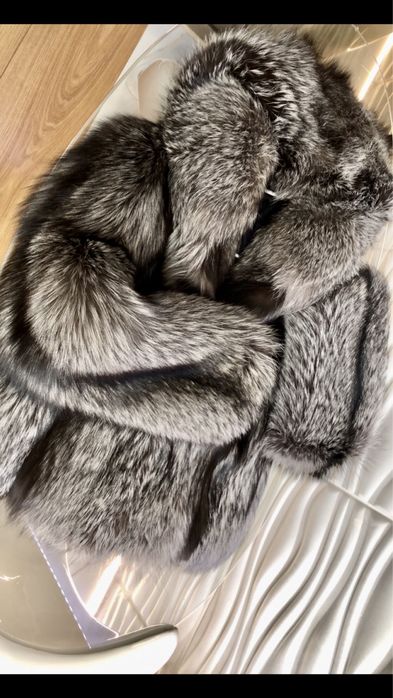 NOWE Premium Futro fox fur bomber z kapturem lis srebrny