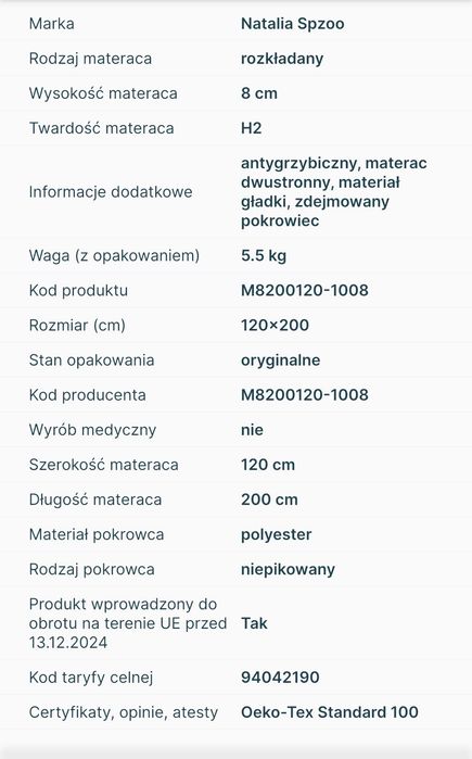 Materac składany 200 x 120 x 8 cm dla gości kampera camping
