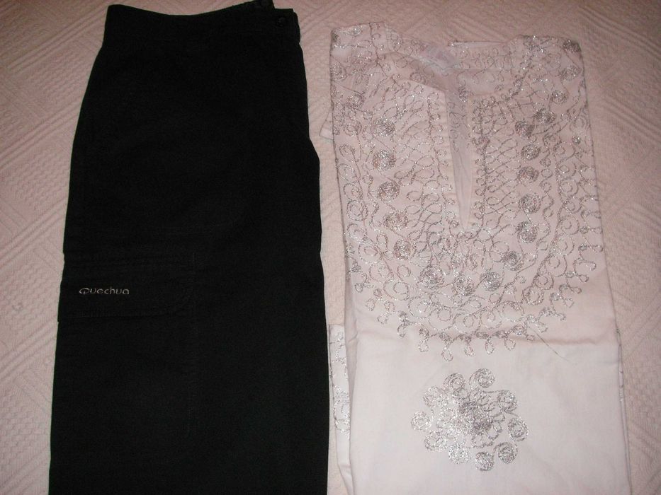Calções Quechua Preto e Blusa / Túnica Isis Branco e Fio Prateado