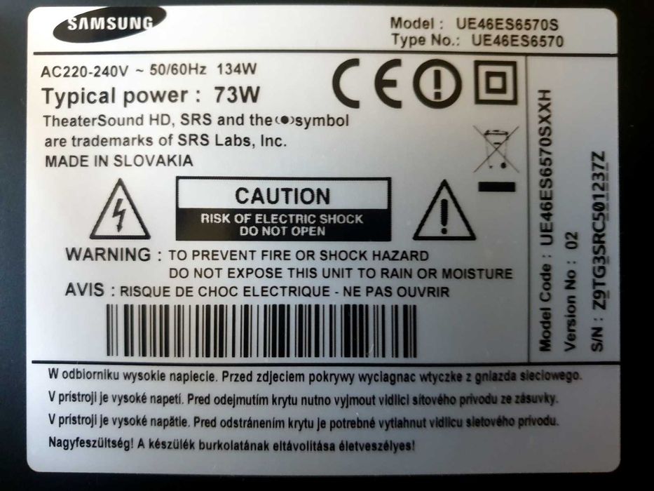 TV Samsung UE46ES6570S Ful HD bez podstawy  3D